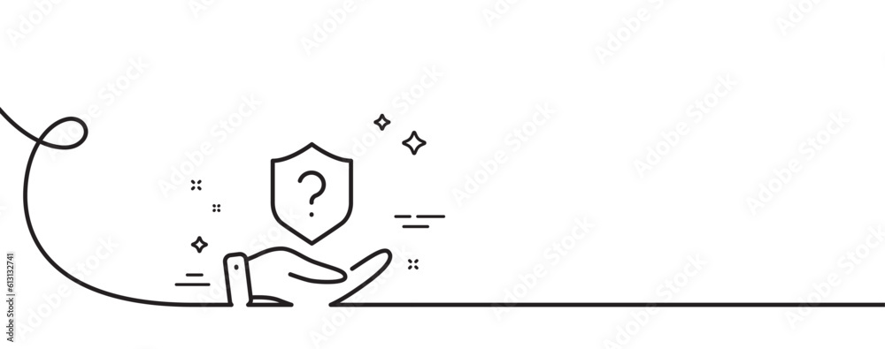 Poster protection shield line icon. continuous one line with curl. helping hand sign. question mark symbol.