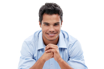 Smile, confident and portrait of entrepreneur ready for his career isolated in a transparent or png background. Businessman, job and young male person or worker ready for interview in a waiting room