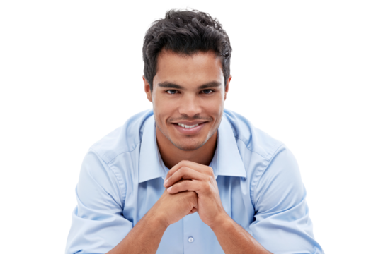 Smile, confident and portrait of entrepreneur ready for his career isolated in a transparent or png background. Businessman, job and young male person or worker ready for interview in a waiting room