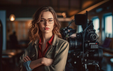 Obraz na płótnie Canvas Young female film director posing next to movie camera