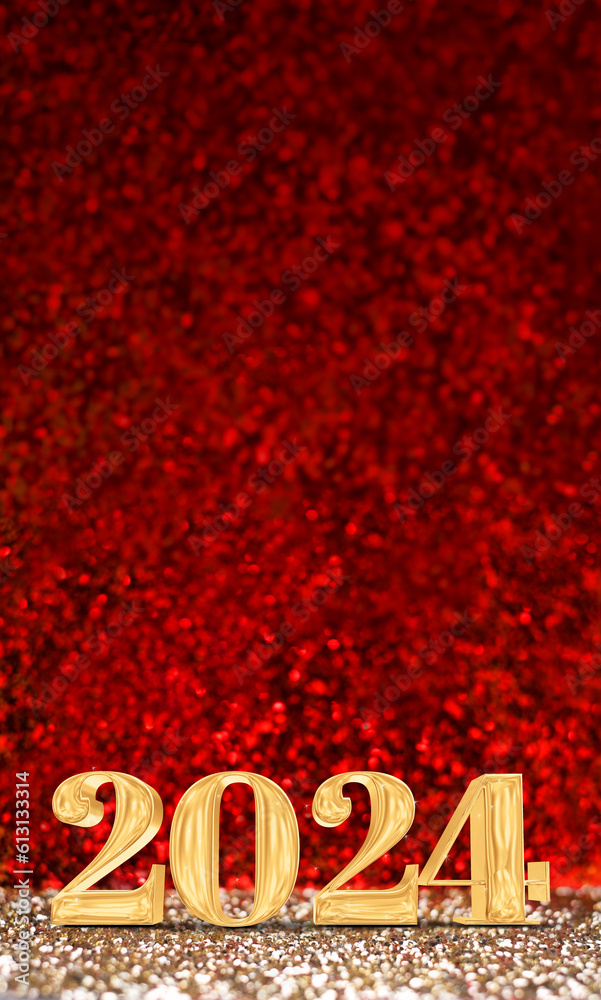 Poster happy new year 2024 3d rendering gold color on red glitter background