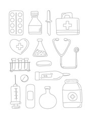 Fototapeta premium Collection of medical tools isolated on white background. Doodle. All items are separated. Vector illustration