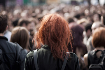 Back view of young woman with punkish red hair in crowd. Generative AI illustration