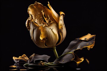 Golden Tulip on Black, luxury, expensive Flower, Chic Blossom, Abstract Generative Ai Illustration