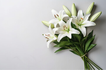 White lily flowers sitting on top of a table. Generative AI. Copy space, place for text, copyspace.