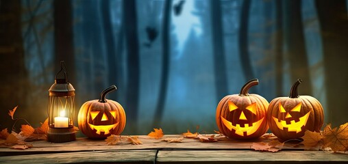 Autumn decor and halloween concept with decorative pumpkins. Vintage design on a wooden table for your projects in the forest for holidays. Fun and happy concept with copy space