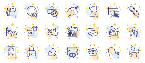 Outline set of Repair document, Wallet and Food delivery line icons for web app. Include Coffee maker, Lock, Helping hand pictogram icons. Buying house, Petrol canister, Global business signs. Vector