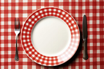 empty plate with knife and fork on table with retro tablecloth. generative ai