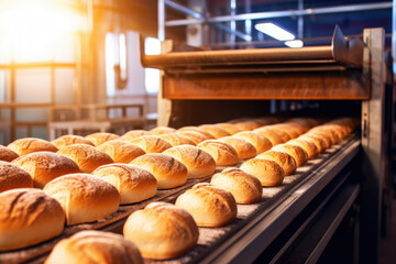 industrial freshly baked breads on conveyor belt in factory. generative ai
