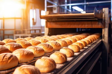 Fotobehang industrial freshly baked breads on conveyor belt in factory. generative ai © mimadeo