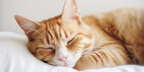 Fototapeta na wymiar Close up portrait of a cute ginger cat sleeping on the white pillow 