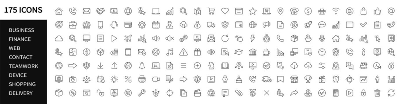 Web icons set. Business, Finance, Teamwork, E-Сommerce, Delivery, Contact, Devices, Shopping, Technology, Banking icon. Line icons big collection. Editable stroke icons set. Vector