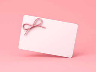 Blank white gift card or gift voucher with pink rope ribbon bow isolated on pink pastel color background minimal conceptual 3D rendering