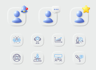 Business podium, Search employee and Chart line icons. Placeholder with 3d star, reminder bell, chat. Pack of Chemistry pipette, Recruitment, Meeting icon. Cyber attack, Victory pictogram. Vector