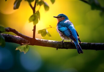 Obraz premium a blue bird on a branch with background greenery 