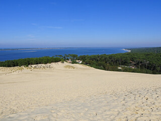 The Pilat Dune or Pyla Dune, on the edge of the forest of Landes de Gascogne on the Silver Coast at...