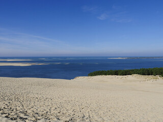 The Pilat Dune or Pyla Dune, on the edge of the forest of Landes de Gascogne on the Silver Coast at...