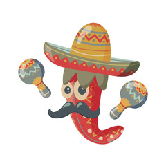 Cinco de Mayo Mexican. Cute funny hot pepper with maracas and sombrero. Isolated on white background. Vector banner. Vector illustration