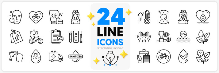 Icons set of Wash hands, Nurse and Ph neutral line icons pack for app with Bike timer, Electronic thermometer, Dermatologically tested thin outline icon. Hand sanitizer, Face search. Vector