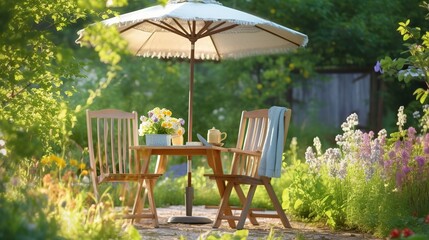 Obraz premium AI Generated. AI Generative. Summer garden picnic table party with umbrella. Coffee dinner family europe time. Graphic Art