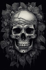 Foreboding Floral Halo: A Creepy Black-and-White Gothic Skull Covered in Traditional Charcoal and Graphite Plants. Generative AI