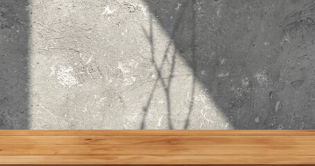 Realistic mockup wooden tabletop with cement wall in background,tree shadow scene Generative AI illustration