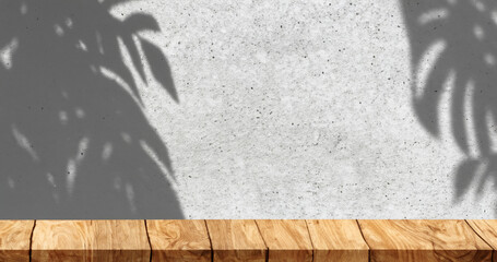 Realistic mockup wooden tabletop with cement wall in background,tree shadow scene Generative AI illustration