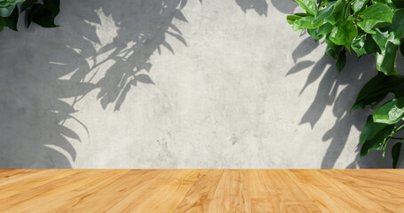 Realistic mockup wooden tabletop with cement wall in background,tree shadow scene Generative AI illustration