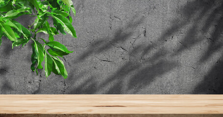 Realistic mockup wooden tabletop with cement wall in background,tree shadow scene Generative AI illustration
