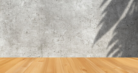 Realistic mockup wooden tabletop with cement wall in background,tree shadow scene Generative AI illustration