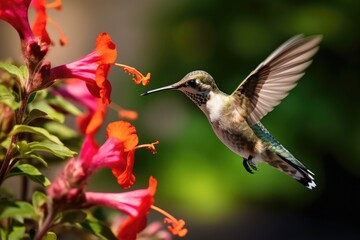 Fototapeta na wymiar a hummingbird flying next to a flower