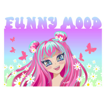 Funny mood. Asian woman print. Korean smiling face. Anime girl woul long pink hair, flowers, butterflies. Space buns hairstyle School girl. 