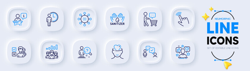 Podium, Influence and Ethics line icons for web app. Pack of Buyer think, Waiting, Consulting business pictogram icons. Cursor, Mental health, Teamwork results signs. Search employee. Vector