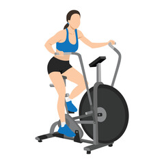 Obraz premium Woman doing air bike training or assault bike cardio exercise. Flat vector illustration isolated on white background