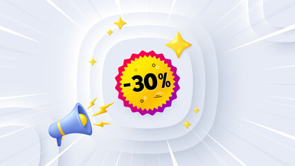 Sale 30 percent off banner. Neumorphic offer 3d banner, poster. Discount sticker shape. Coupon bubble icon. Sale 30 percent promo event background. Sunburst banner, flyer or coupon. Vector