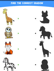 Obraz premium vector illustration finding the correct shadow wild animals giraffe owl fox zebra printable