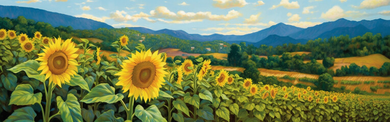 Horizontal banner with a view of a country field with sunflowers against the backdrop of mountains in summer, generated by AI