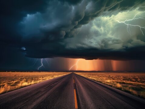 Thunderstorm over the road in the prairie of the United States, Stormy sky with lightning striking. Storm in the prairie with lightning and stormy sky. generative AI