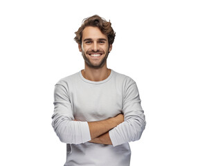 Portrait of handsome smiling young man with folded arms isolated on a white background.  - obrazy, fototapety, plakaty
