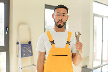 arab handsome man arab man feeling sad and whiney with an unhappy look and crying. handyman with a wrench