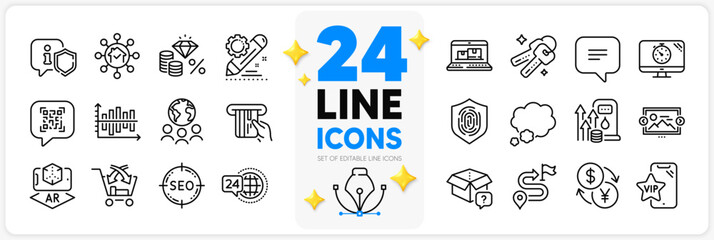 Icons set of Web inventory, Currency exchange and Text message line icons pack for app with Diagram chart, Keys, Shield thin outline icon. Global business, Vip phone, Fuel price pictogram. Vector