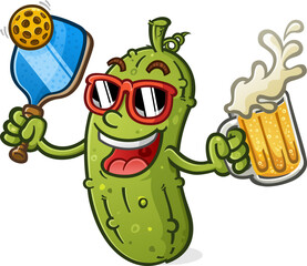 Cool pickle cartoon mascot with attitude holding at tall mug of beer and wearing sunglasses vector illustration - 613141713