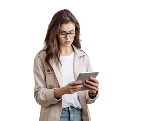 Photo of a pretty, sweet female doctor in jeans and glasses, reading news on an device isolated on a white background. Generative Ai