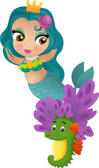 cartoon scene with mermaid princesss wimming near coral reef isolated illustration for children