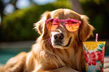 Golden Retriever dog basking in sun, wearing stylish sunglasses and sipping a tropical drink by the poolside. Generative AI