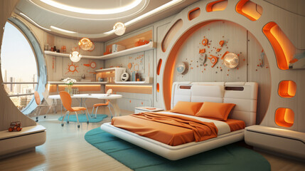 Bedroom of a beautiful futuristic design. AI Generated.