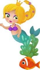 cartoon scene with mermaid princesss wimming near coral reef isolated illustration for children