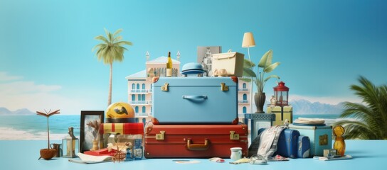 Fototapeta premium Blue suitcase packing on blue background with many items. Vacation, travel, holidays. Generative AI