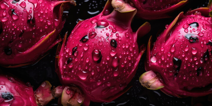 Top view closeup of ripe fresh dragon fruit in water drops on a black background surface. Exotic fruit wallpaper, fresh healthy dragonfruit wallpaper. Generative AI professional photo imitation.