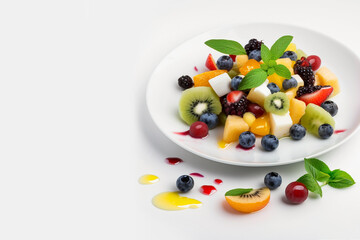 Naklejka na ściany i meble Summer multicolored fruit salad of mango, kiwi, raspberry, blueberry, in a plate on a white background, Generative AI, generative artificial intelligence